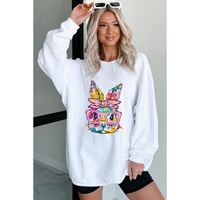 White Floral Rabbit with Glasses Graphic Corded Easter Sweatshirt - M thumbnail