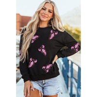 Black Sequined Crawfish Graphic Drop Shoulder Sweatshirt - S thumbnail