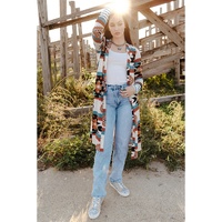 Multicolor Geometric Color Block Open Front Long Cardigan - 2XL thumbnail