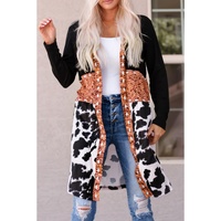 Black Western Pattern Cow Patchwork Open Front Cardigan - L thumbnail