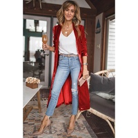 Red Velvet Open Front Pocketed Long Duster - 2XL thumbnail