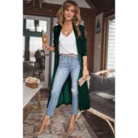 Green Velvet Open Front Pocketed Long Duster - M thumbnail