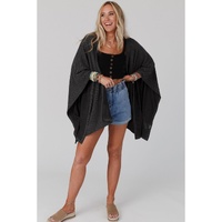 Black Lace Trim Ribbed Oversize Kimono - One Size thumbnail