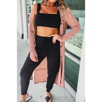 Pink Ribbed Button-Up Split Duster Cardigan - M thumbnail