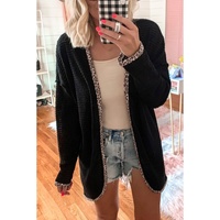 Black Leopard Contrast Waffle Knit Open Front Cardigan - M thumbnail