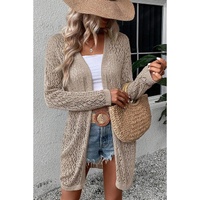 Smoke Gray Solid Color Pointelle Knit Open Front Cardigan - L thumbnail