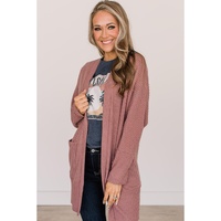 Mineral Red Solid Color Waffle Knit Cardigan with Pocket - XL thumbnail