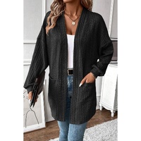 Black Textured Knit Side Pockets Open Front Cardigan - S thumbnail