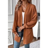 Chestnut Textured Knit Side Pockets Open Front Cardigan - L thumbnail