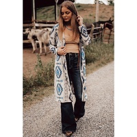 Sky Blue Western Aztec Printed Open Front Long Cardigan - M thumbnail