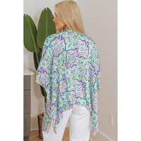 White Boho Floral Printed Rhinestone 3/4 Sleeve Open Front Kimono - XL thumbnail