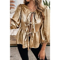 Gold Bow Tie Front Puff 3/4 Sleeve Ruffle Hem Blouse - S thumbnail