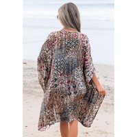 Apricot Floral Print Short Wide Sleeve Open Front Loose Kimono - One Size thumbnail
