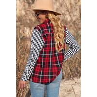 Azura Exchange Plaid Splicing Hit Color Pockets Long Sleeve Shirt - M thumbnail
