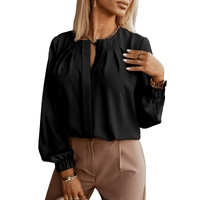 Black Crew Neck Gathered Stretch Cuff Shirt - M thumbnail