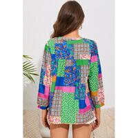 Azura Exchange Floral Patchwork Print Puff Sleeve Shirt - L thumbnail