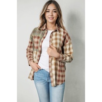 Brown Multi Plaid Patchwork Raw Edge Casual Shirt - XL thumbnail
