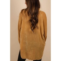 Gold Solid Color Button Up Loose Fit Velvet Shirt - L thumbnail