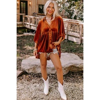 Azura Exchange Chestnut 3/4 Sleeve Tunic Babydoll Velvet Shirt - L thumbnail