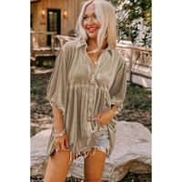 Azura Exchange Pale Khaki 3/4 Sleeve Tunic Babydoll Velvet Shirt - L thumbnail