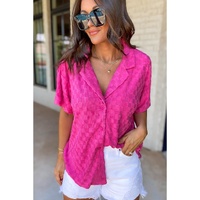 Bright Pink Lapel Neck Checkered Textured Short Sleeve Shirt - M thumbnail