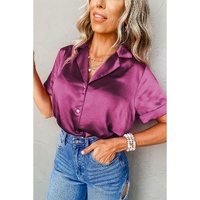 Rose Red Fold Cuffs Short Sleeve Satin Shirt - XL thumbnail