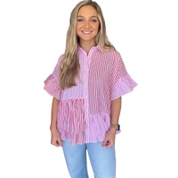 Pink Stripe Striped Patchwork Ruffled Hem Button up Shirt - L thumbnail