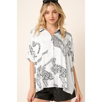 Beige Cheetah Print Buttoned Half Sleeve Shirt - M thumbnail