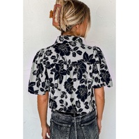Black Floral Bubble Sleeve Casual Shirt - L thumbnail