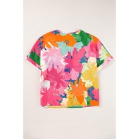 Multicolour Floral Print Folded Short Sleeve Shirt - L thumbnail
