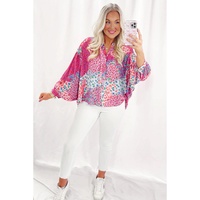 Rose Red Floral Allover Print Buttoned V Neck Oversized Shirt - S thumbnail