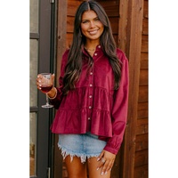 Burgundy Corduroy Ruffle Tiered Buttoned O Neck Shirt - XL thumbnail