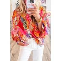 Red Abstract Floral Print Buttoned Ruffled Bubble Sleeve Shirt - L thumbnail