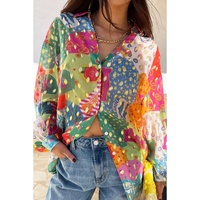 Rose Red Colorblock Abstract Print Button up Loose Shirt - S thumbnail