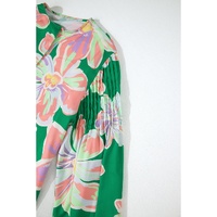 Green Floral Print Button up Pleated Puff Sleeve Loose Shirt - M thumbnail