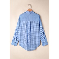 Sky Blue Stripe Plaid Patchwork Button up Long Sleeve Shirt - S thumbnail