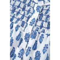 Sky Blue Boho Floral Printed Lantern Sleeve Frilled Neck Shirred Shirt - L thumbnail