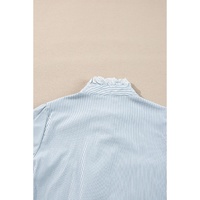 Sky Blue Stripe Frilled Trim Button Up Long Sleeve Shirt - L thumbnail