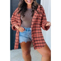 Red Plaid Long Sleeeve Side Split Distressed Hem Shirt - S thumbnail