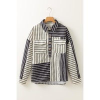 Black Stripe 2-tone Patchwork Half Buttons Chest Pockets Casual Blouse - M thumbnail