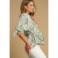 Green Landscape Print Tied 3/4 Sleeve Shirt with Sash - XL thumbnail