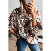White Floral Print Balloon Sleeves Button Up Loose Casual Shirt - S thumbnail