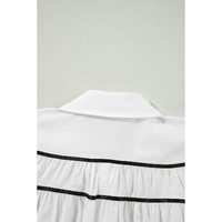 White Black Pipping Ribbon Bowtie Collared Ruffled Puff Sleeve Shirt - M thumbnail