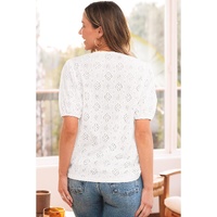 White Lace Puff Sleeve V Neck Button Up Shirt - L thumbnail