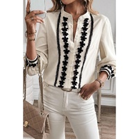 Beige Floral Embroidered Stand Neck Buttoned Shirt - S thumbnail