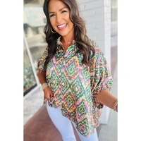 Dark Green Abstract Print Half Sleeve Button up Loose Shirt - S thumbnail