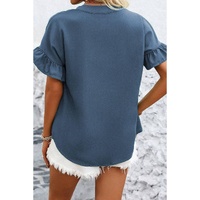 Real Teal Solid Color Ruffle Ruched Short Sleeve Buttoned Shirt - L thumbnail
