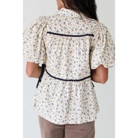White Contrast Trim Floral Puff Short Sleeve Shirt - L thumbnail