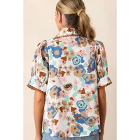 Multicolour Floral Print Ricrac Trim Collared Puff Short Sleeve Shirt - M thumbnail