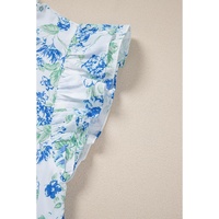 Sky Blue Floral Print Ruffle Sleeve Frilly Button Up Shirt - M thumbnail